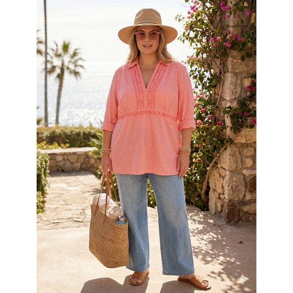 Venezia Tops - Coral Pink V neck Embroidered Chic lagenlook cotton top tunic Cotton size-26